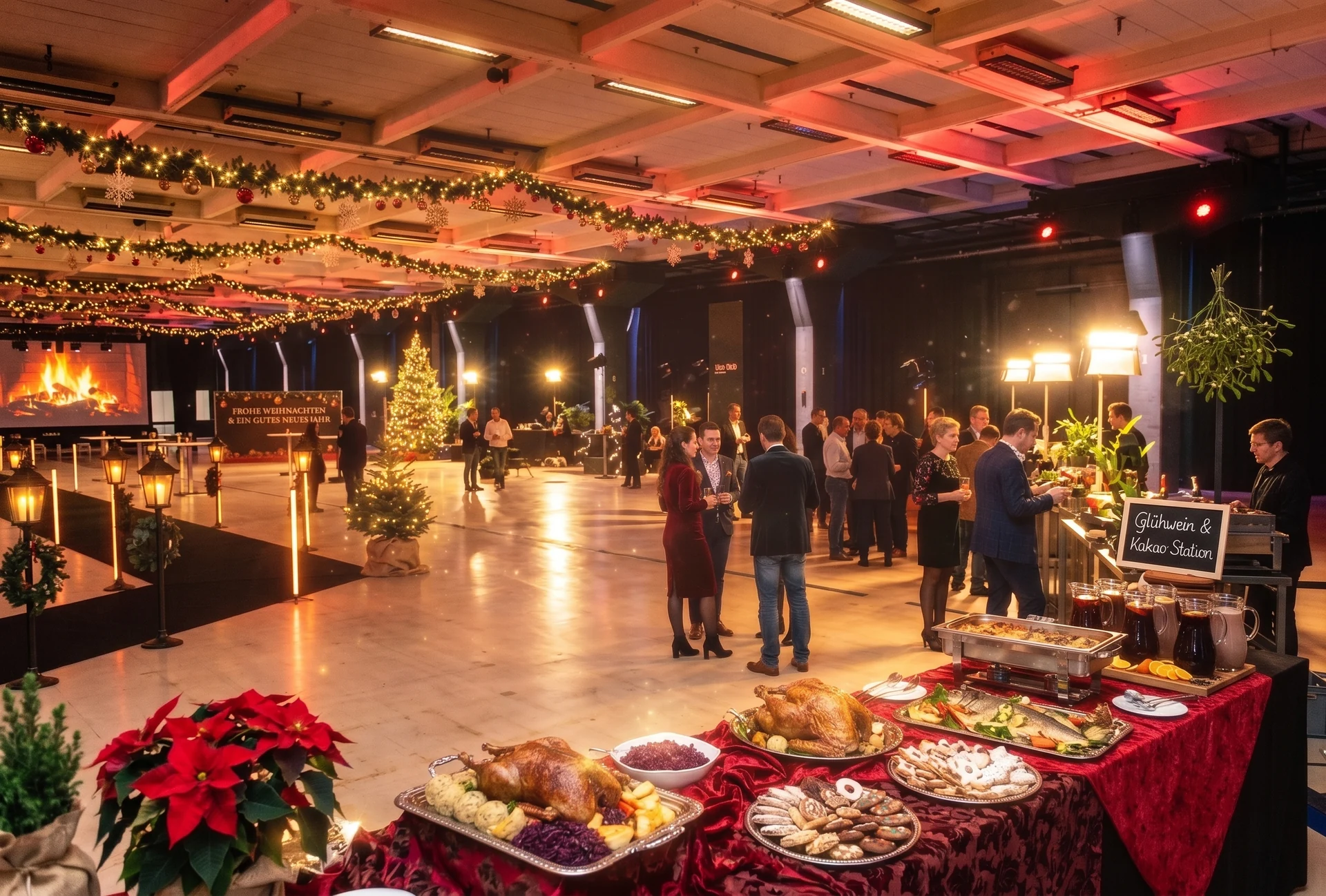 Weihnachtsfeier im NLND Berlin mit Lichterketten, Weihnachtsbaum und festlichem Buffet